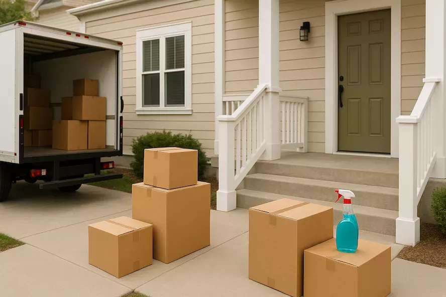 “Flyttbil parkerad utanför hus med flyttlådor och rengöringsspray på trappa – symboliserar kombinerad flytt- och städfirma i paketlösning för smidig och effektiv flytt”